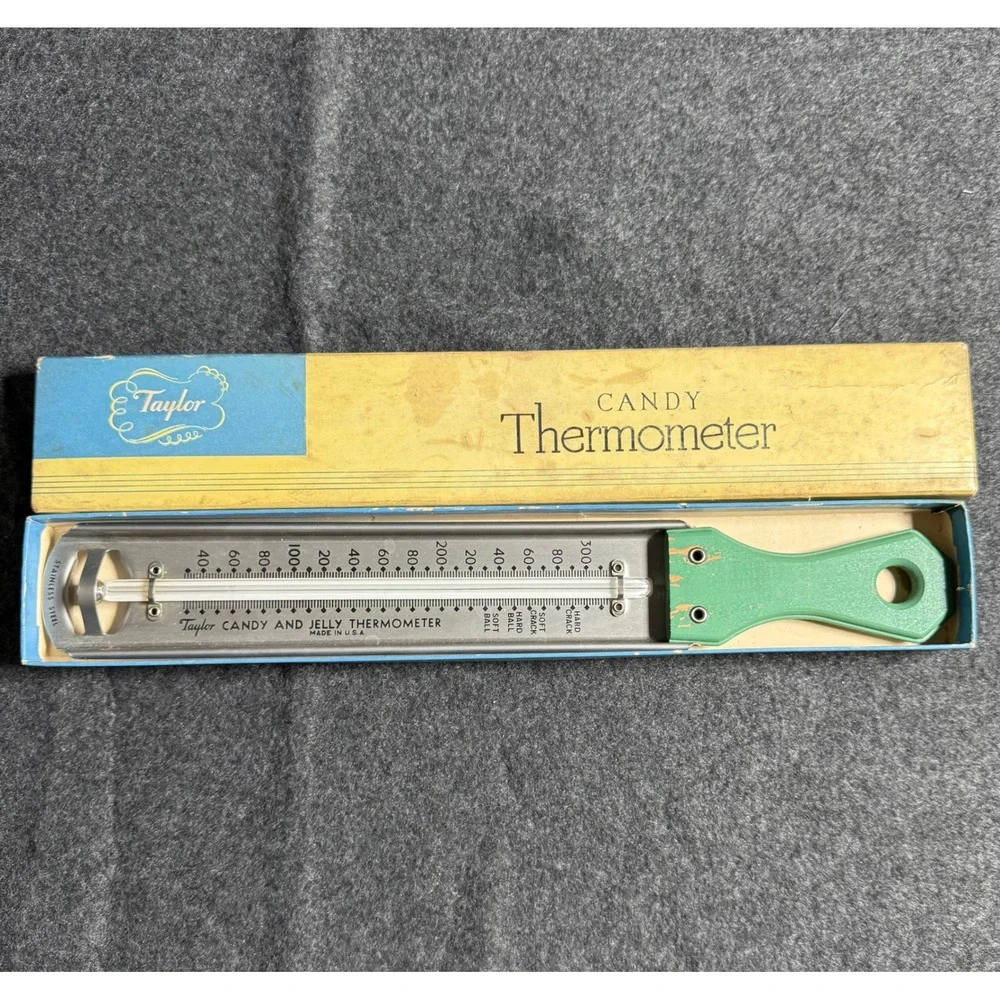 Vintage Taylor Candy and Jelly Thermometer Stainless Steel Green Handle USA Box